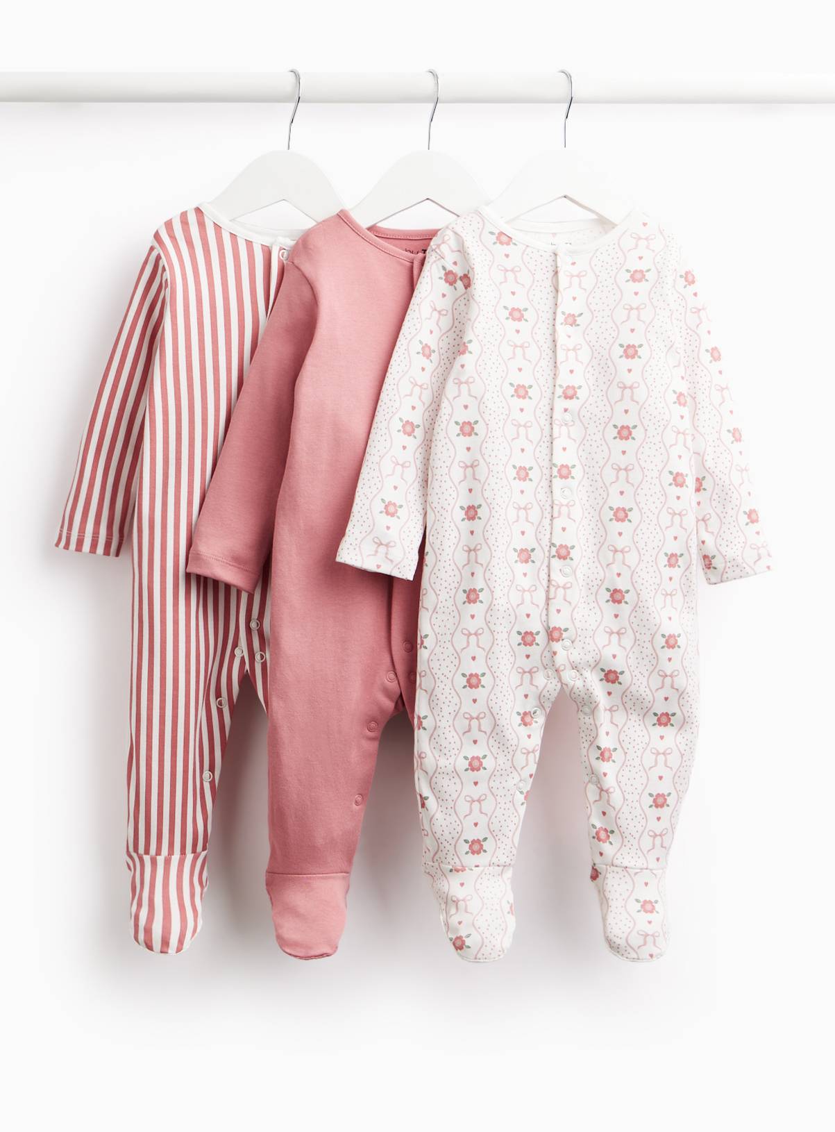 Flower, Bows & Stripes Sleepsuits 3-Pack  Newborn - Image 1